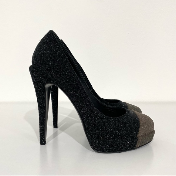 Authentic Chanel Black and Grey Glitter Platform Heels size 37 1/2 - Picture 3 of 12